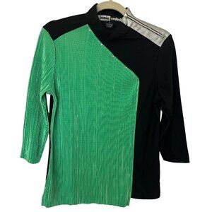 Jamie Sadock Top Tunic XS Crinkle Ribbed Green Black Asymmetric Zip Studded Golf